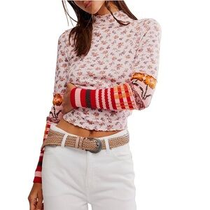 Free People Bold Bowery Knit Cuff Mock Neck Thermal Top Cherry Blossom Combo M